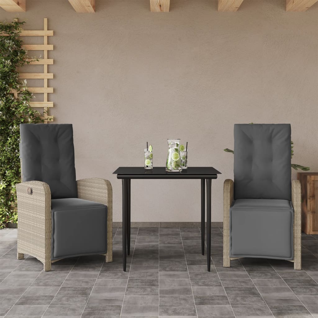 3-tlg. Bistro-Set mit Kissen Hellgrau Poly Rattan